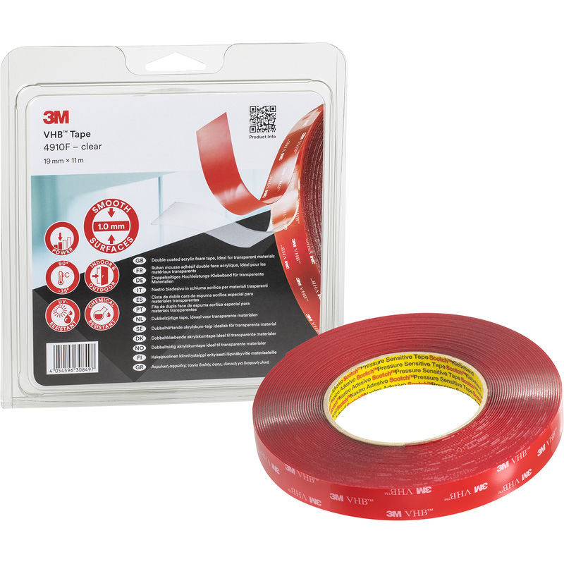 3M™ VHB™ Tape 4910F Transparent Double-Sided Mounting Tape, 19 mm x 11 m, 1.0 mm