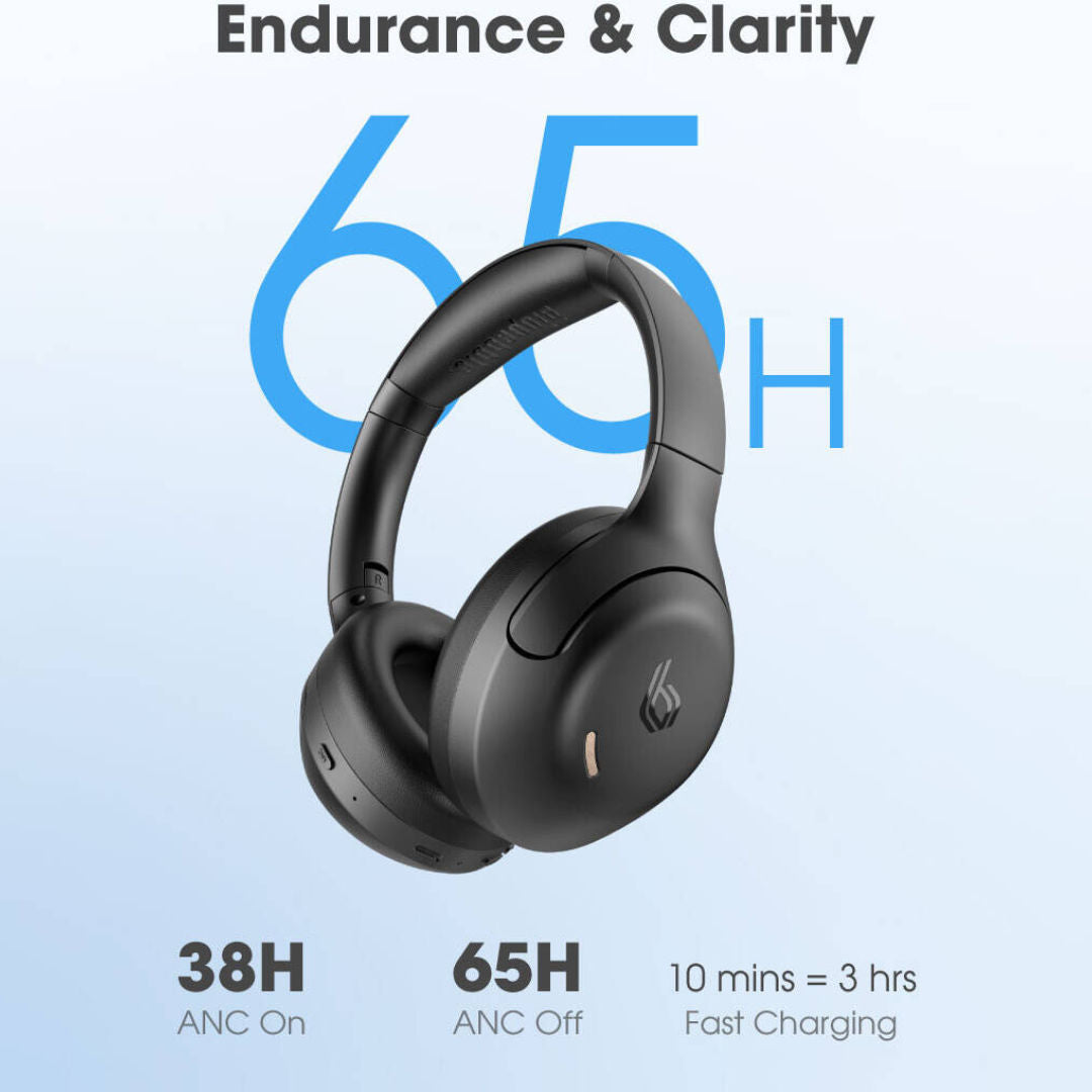 Blupebble C100 Over-Ear Foldable Digital Hybrid ANC Headphones, Wireless Bluetooth, Black