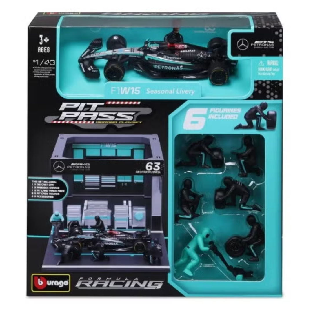 Bburago Formula One Racing, Mercedes AMG Petronas F1W15 Seasonal Livery, Pit Pass Diorama Playset, 1:43
