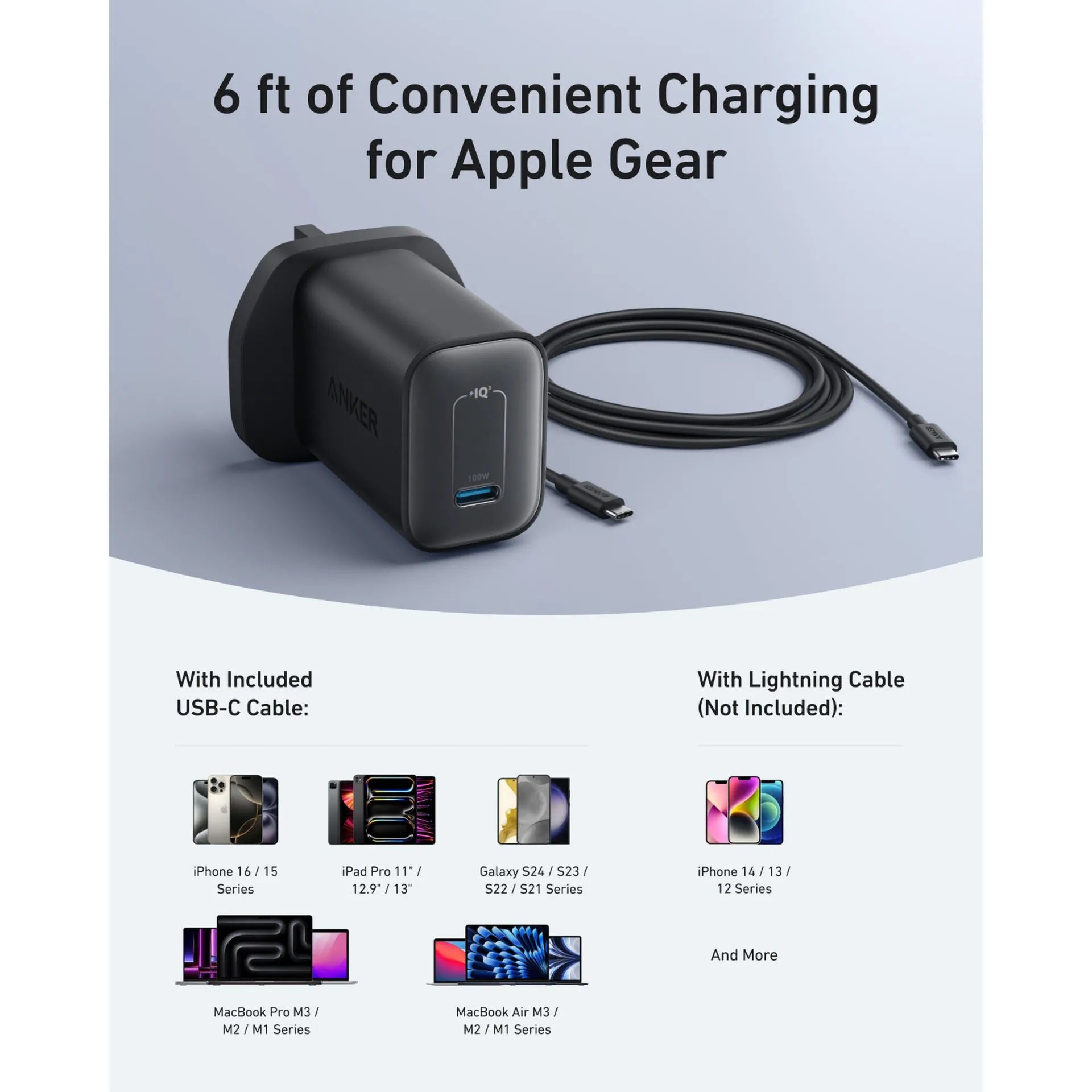 Anker 100W Nano Charger with 6ft USB-C Cable, PD Fast Charging, Compact UK Plug, B2679K11
