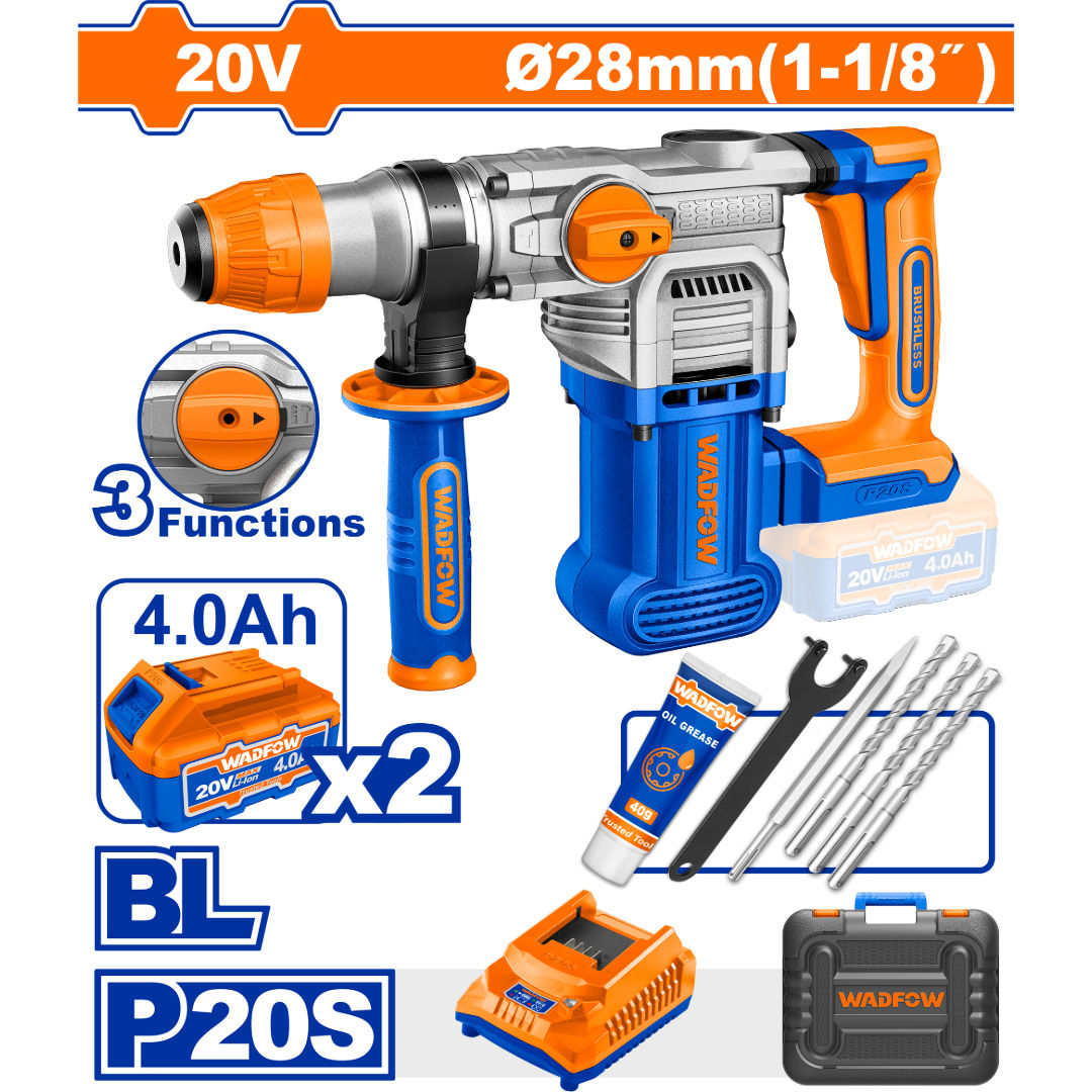 WADFOW 20V Brushless Cordless Rotary Hammer, SDS Plus, 4.5 J, 28 mm Concrete