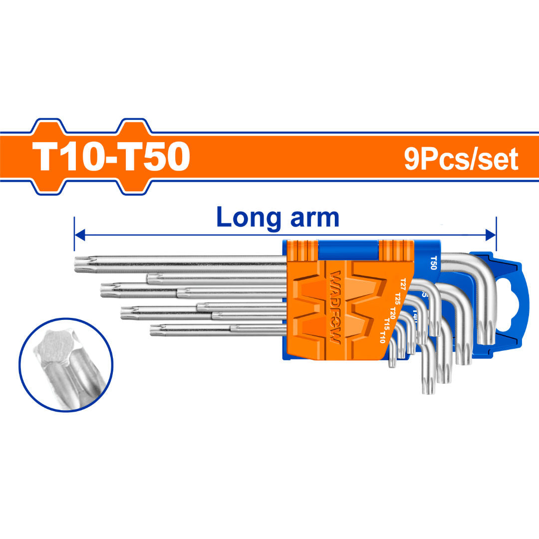 WADFOW Torx Key Set, 9 Piece, T10-T50, Cr-V, Chrome-Plated, Heat-Treated