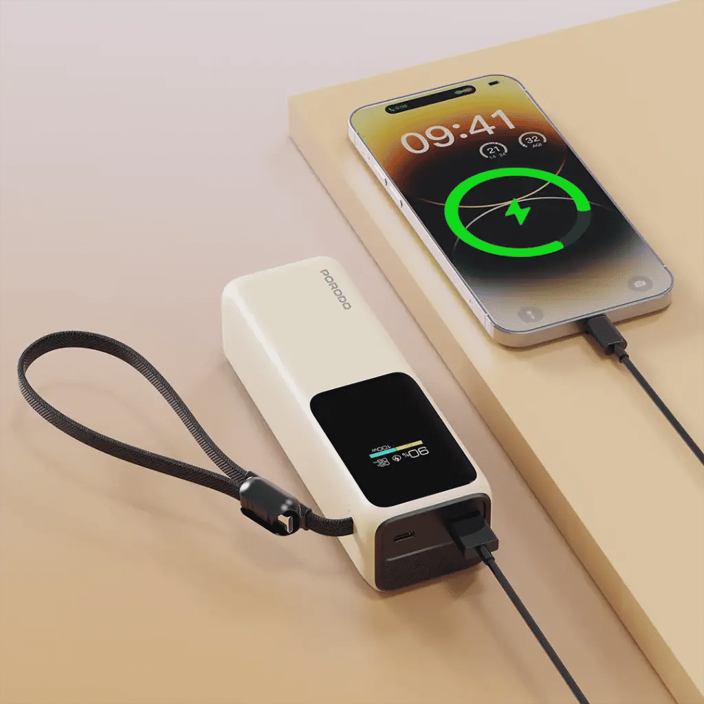 Porodo Smart Display Power Bank 20000mAh with Built-In Type-C Cable, PD Fast Charging, Beige