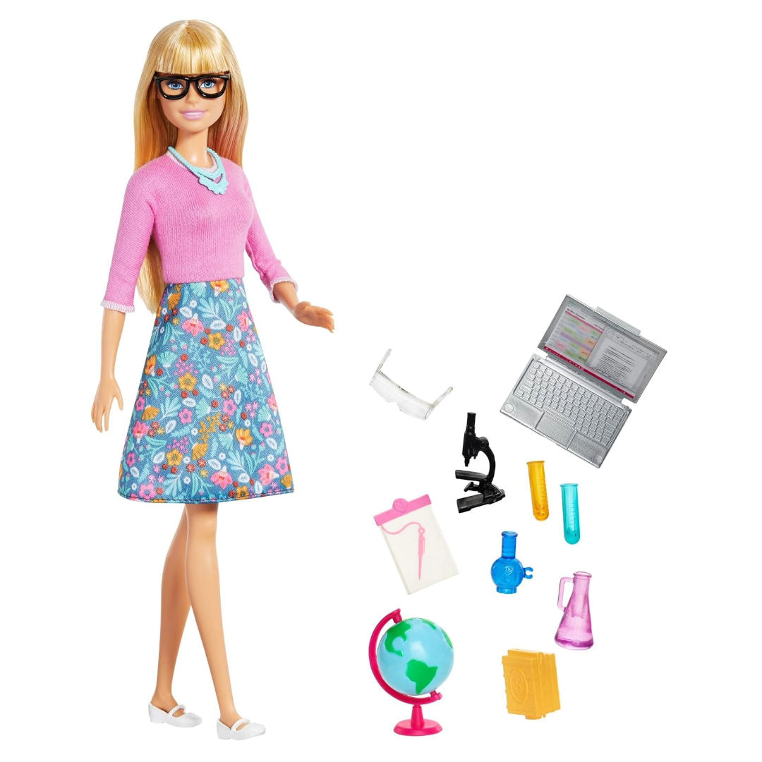 Barbie Teacher Doll, Blonde With 10 Teaching Accessories, Including Spinning Globe And A Laptop That Opens And Closes, Gift For 3 To 7 Year Olds