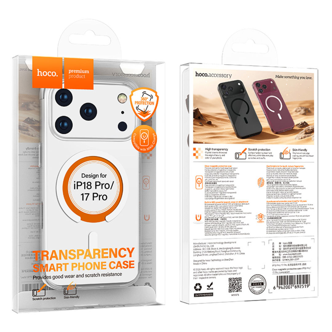 Hoco Clear Magnetic Protective Case for iPhone 18 Pro, iPhone 17 Pro, HD Transparent, Scratch Resistant
