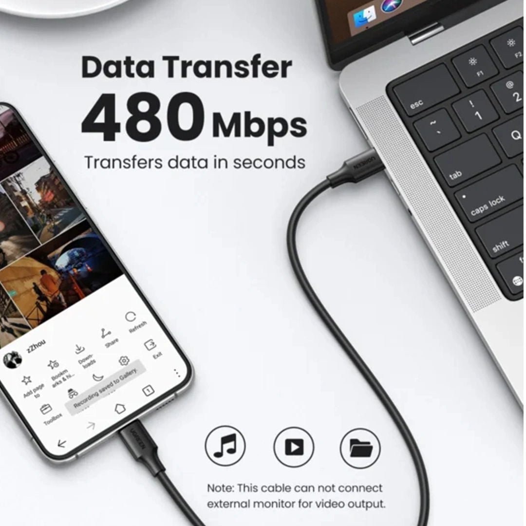 UGREEN US286 USB-C to USB-C 60W Fast Charging Braided Cable, 2 Meter