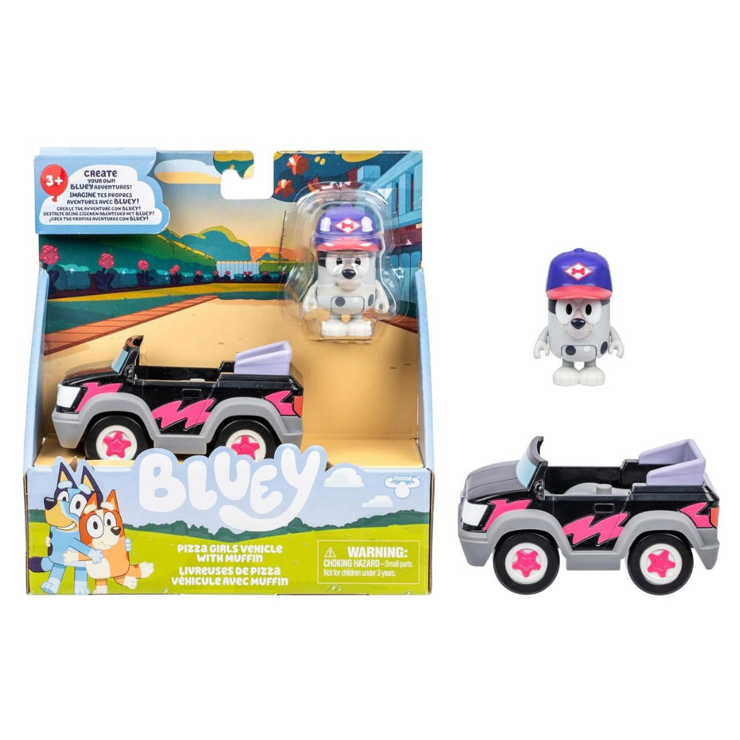 Bluey Pizza Girls Vehicle with Muffin Figure (6cm), 3+ years