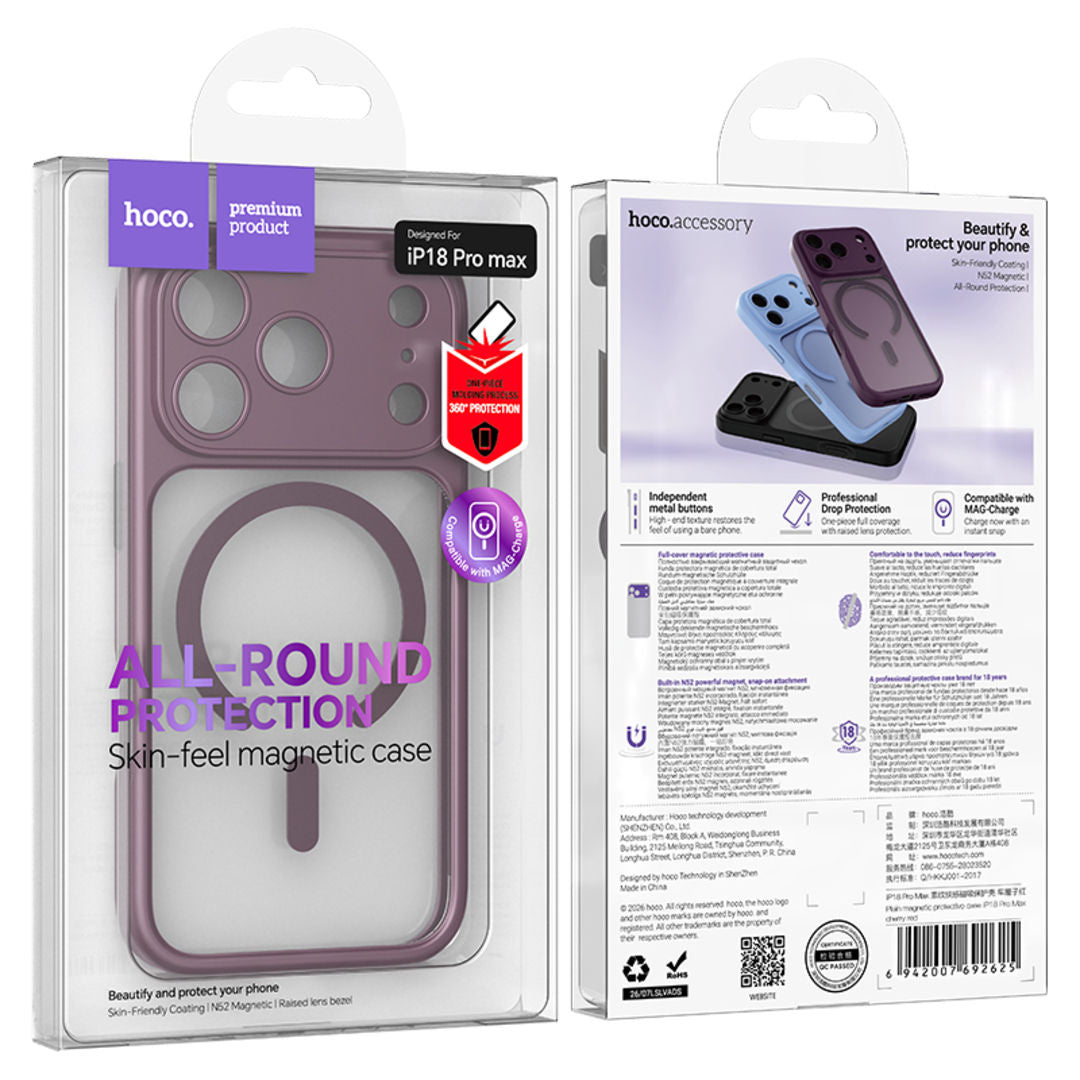 Hoco Plain Magnetic Protective Case for iPhone 18 Pro Max, All-Round Protection, Smooth & Silky