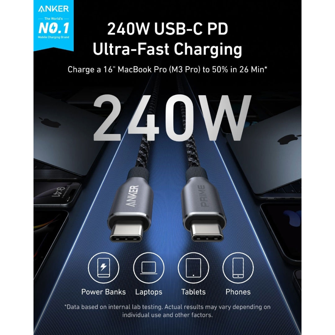 Anker Prime USB-C to USB-C Cable 240W 3ft Black, A88E2011