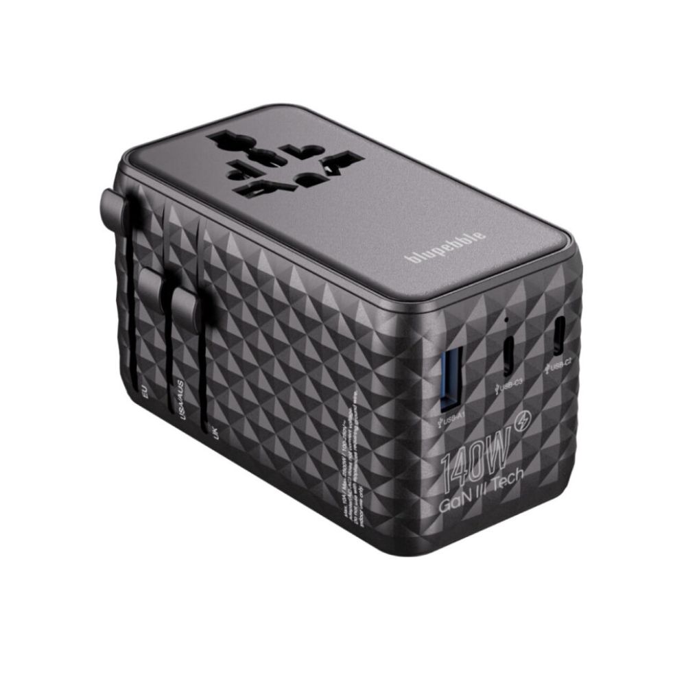 Blupebble Passport 7 World Travel Adapter with GaN Technology 140W + 2 USB-C + 1 USB-A with Retractable Cable, Black