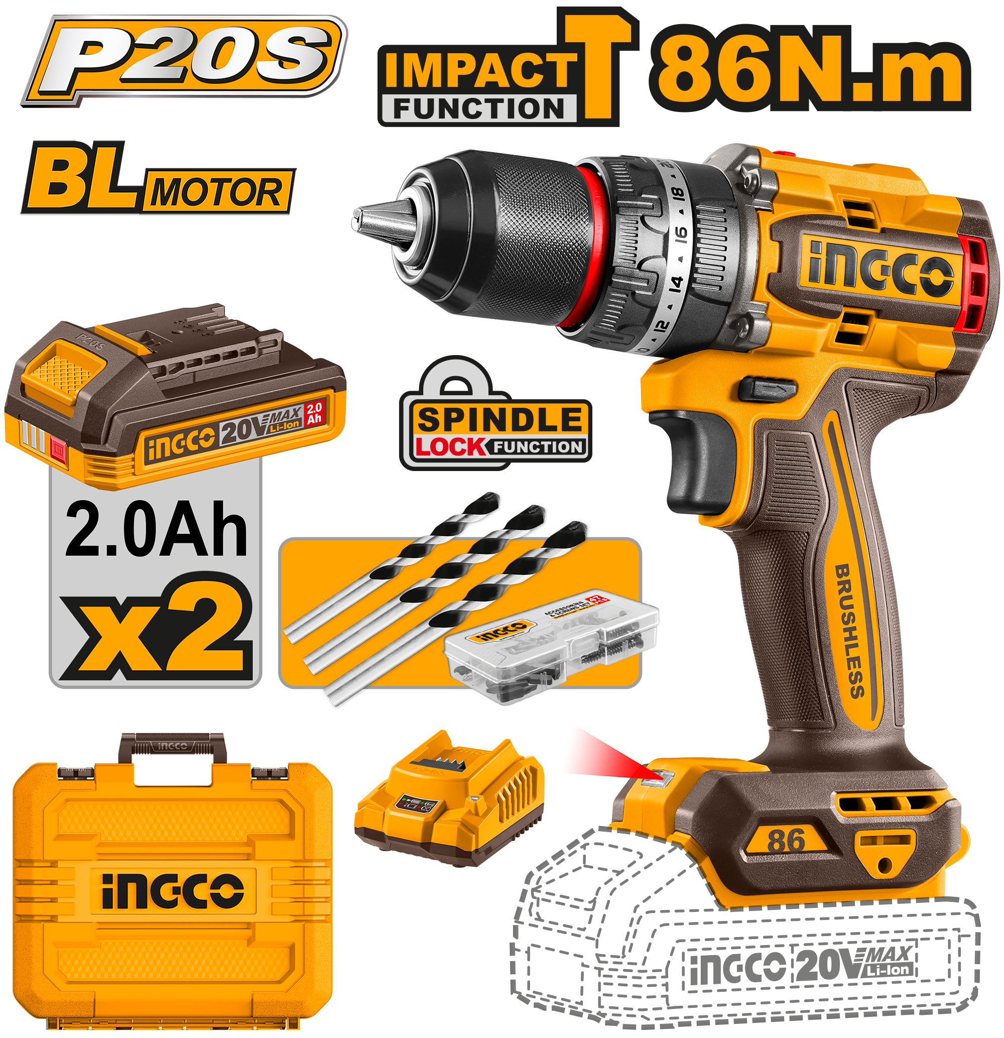 INGCO Cordless Impact Drill 20V 86Nm Brushless Drill Kit