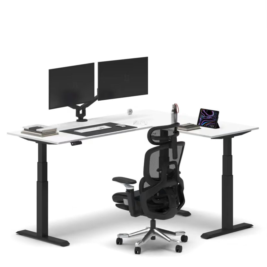 Navodesk Studio Electric L-Shaped Smart Standing Desk Top 70+30inch, Corner Height Adjustable Desk with Right Hand Return, White Desktop & Black Frame