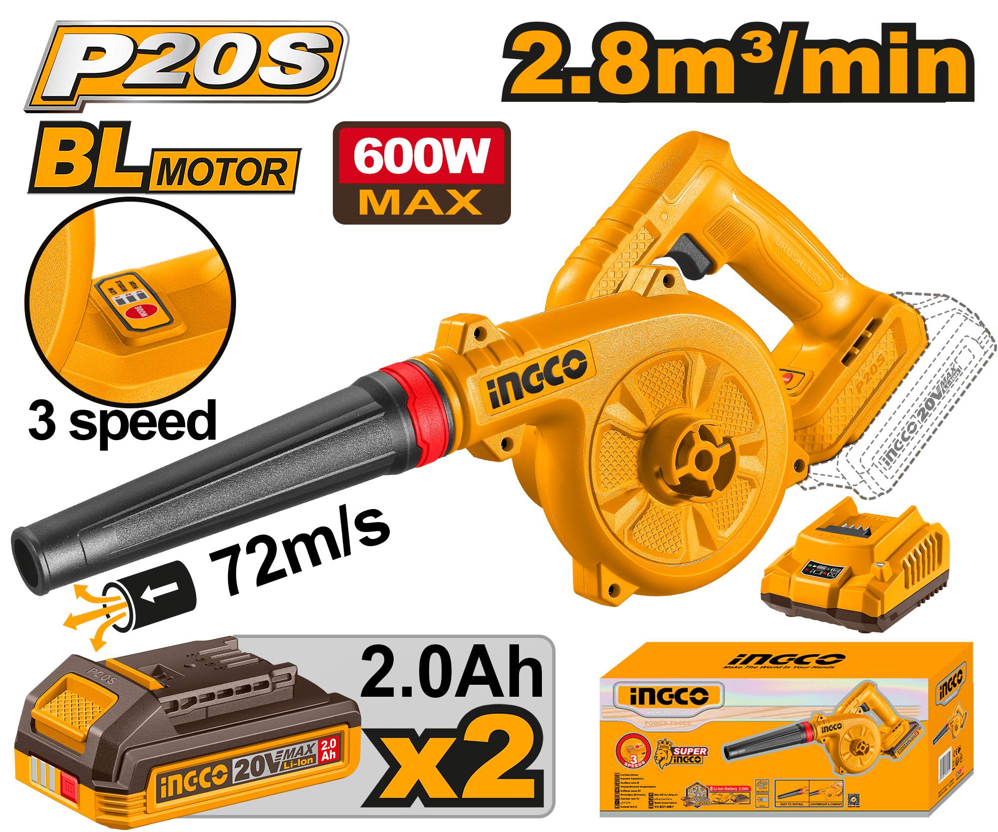 INGCO Cordless Blower 20V High Speed Electric Air Blower