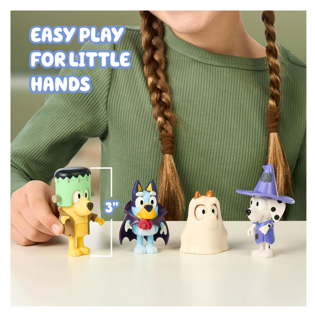 Bluey Halloween Costume Party Figures Set (7.62cm, Pack of 4), 3+ years