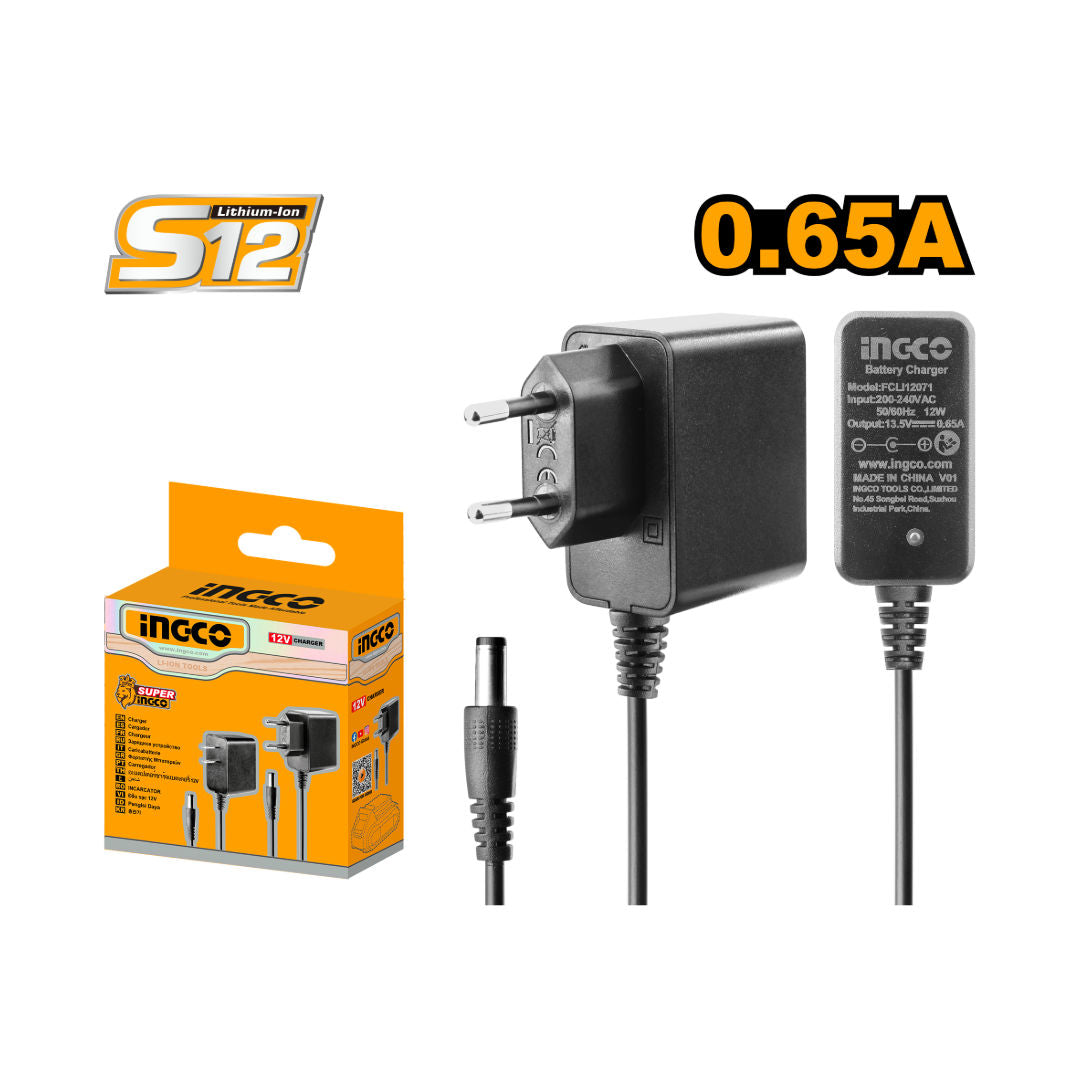 INGCO S12 Battery Charger, Input: 220–240V~ 50/60Hz, Output: 12V / 0.65A