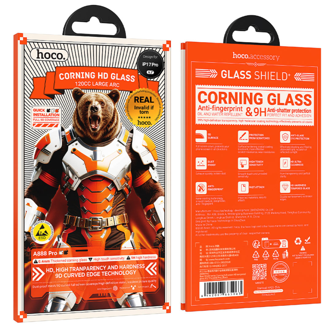 Hoco A888 Pro Bear Shield Series Corning Full Screen HD Tempered Glass for iPhone 18 Pro, iPhone 17 Pro, Corning Glass, Full Screen Coverage