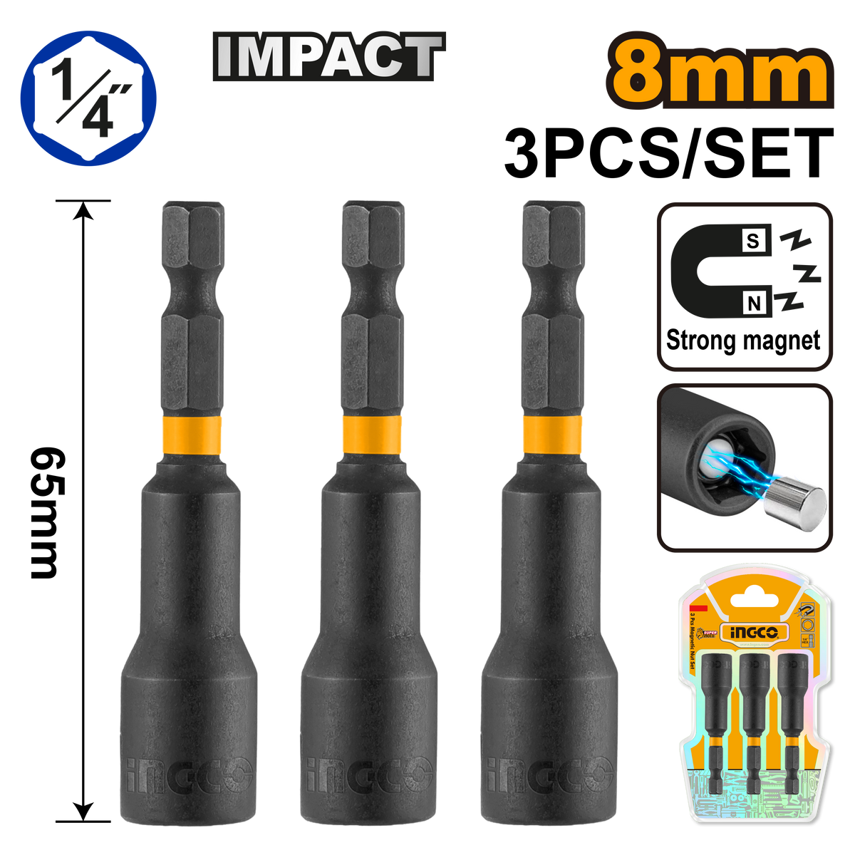 INGCO Impact Magnetic Nut Set 3 Pieces