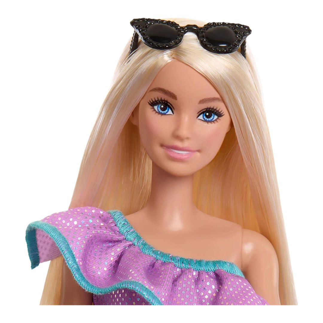 Barbie Doll with Clothes & Accessories, Blonde Fashion Doll with 3 Party-Themed Mix-and-Match Outfits, Dresses, Purses & Heels, 29cm