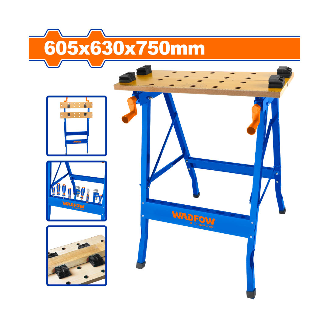 WADFOW Foldable Workbench, 100kg Load, 605x630x750mm, MDF Top With Ruler/Protractor & 4 Clamps