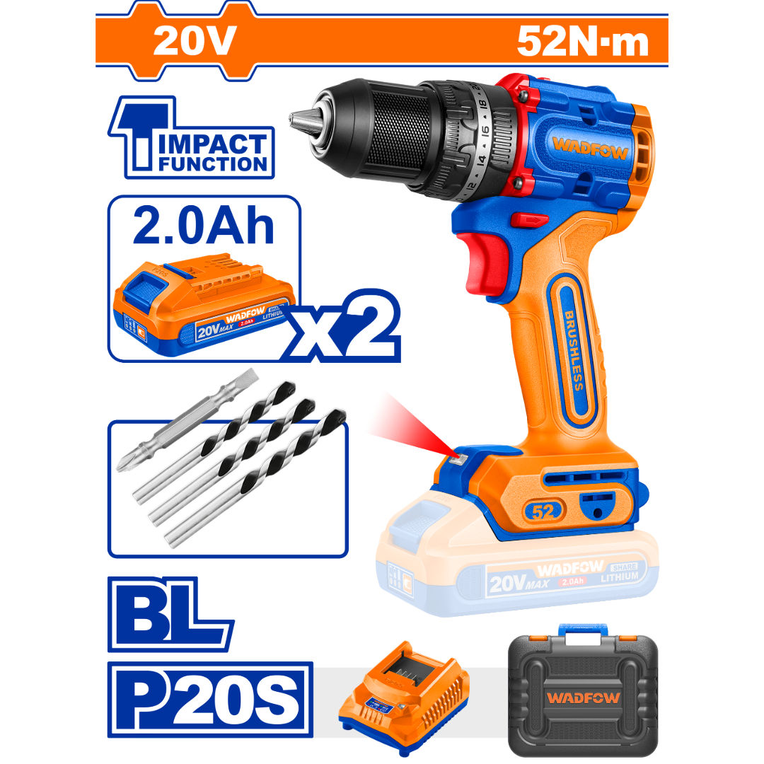 WADFOW Brushless Cordless Impact Drill, 20V