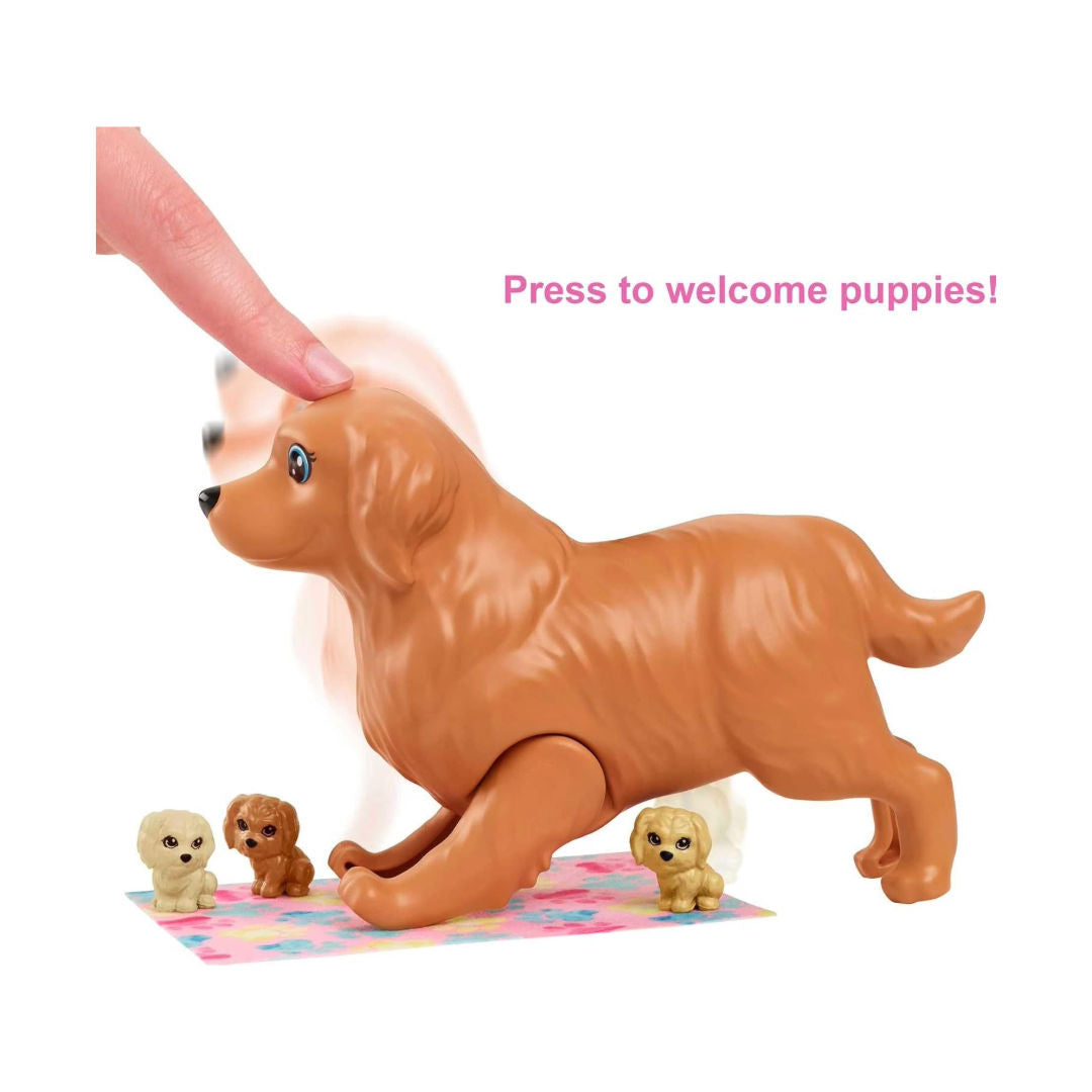 Barbie Doll & Pets Set, Blonde Doll with Mommy Dog, 3 Newborn Puppies, Color-Change Feature & Pet Accessories