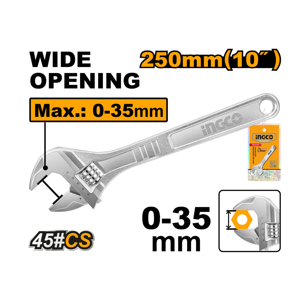 INGCO Adjustable Wrench, 0,24mm Jaw Opening, Anti-Slip Handle