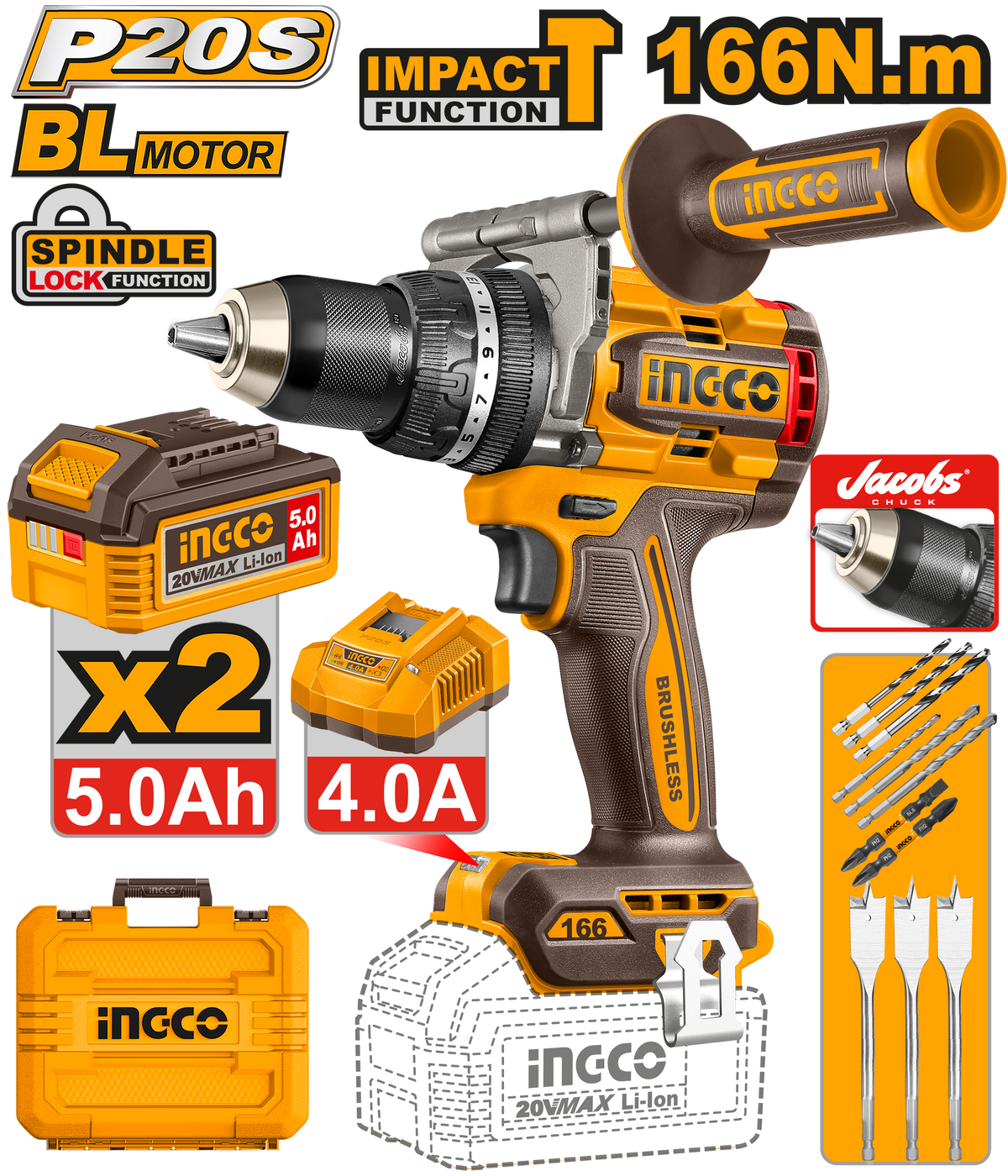 INGCO Cordless Impact Drill 20V 166Nm Brushless Professional Drill Kit