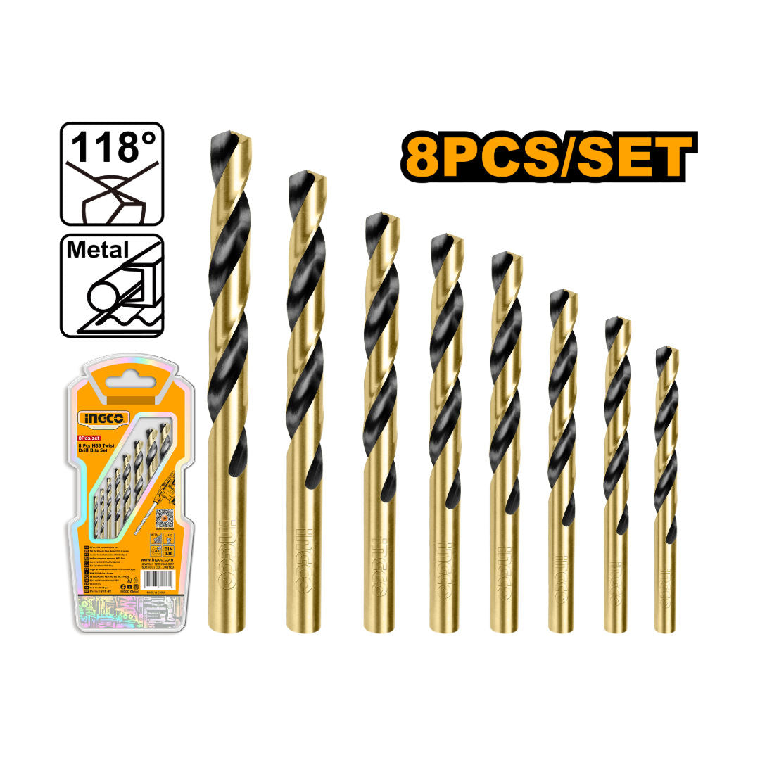 INGCO 8 Pieces Twist Drill Bit Set, 2X49, 3X61, 4X75, 5X86, 6X93, 8X117mm