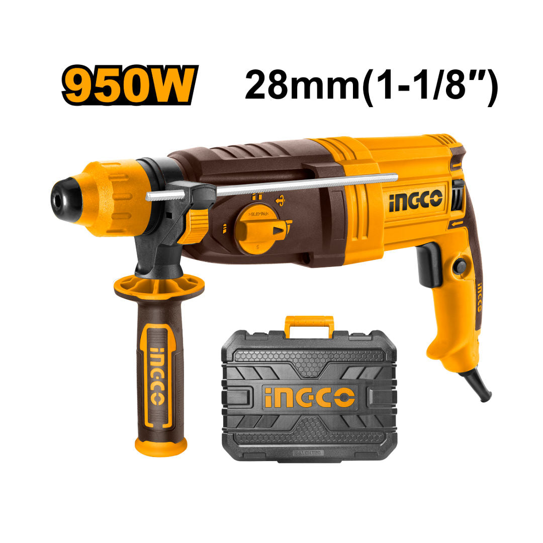 INGCO 950W Rotary Hammer, SDSINGCO 950W Rotary Hammer, SDS-Plus, 2.5J Impact, 0-1050 rpm, 28 mm Concrete Capacity, Bits & Chisels, BMC