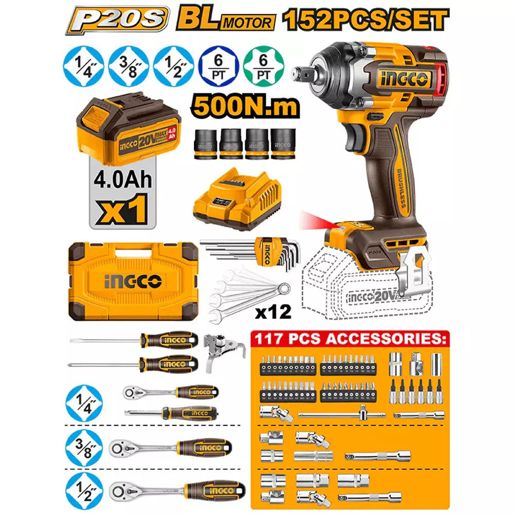 INGCO 152-Piece Cordless Impact Wrench Tool Set - 20V 1/2″ 500 Nm Wrench, 4.0Ah Battery, Charger, Comprehensive Sockets, Spanners & Bits in Carry Case
