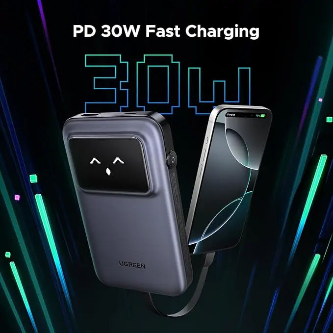 UGREEN PB511 10000mAh 30W Fast Charging Power Bank with Built-in USB-C Cable