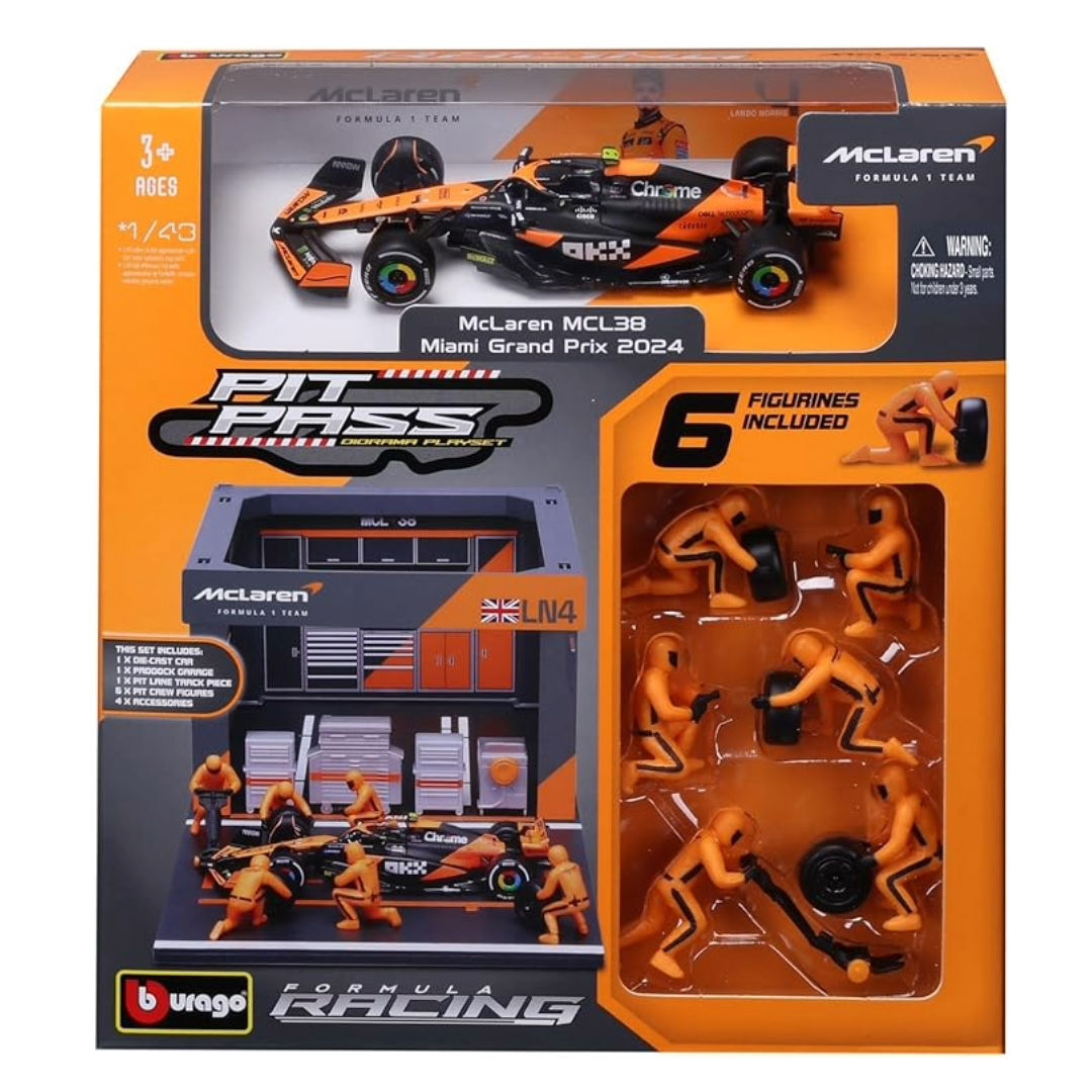 Bburago Formula One Racing, McLaren MCL38 Miami Grand Prix 2024 Pit Pass Diorama Playset, 1:43