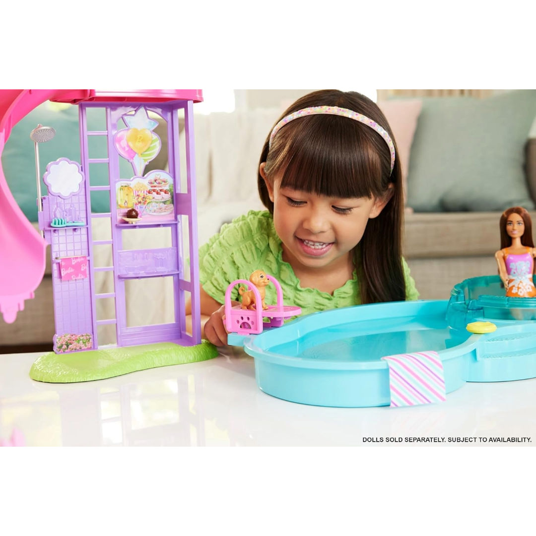Barbie Dream Pool Playset, 6 Play Areas with Slide, Foaming Hot Tub & 20+ Accessories, Model JFP01