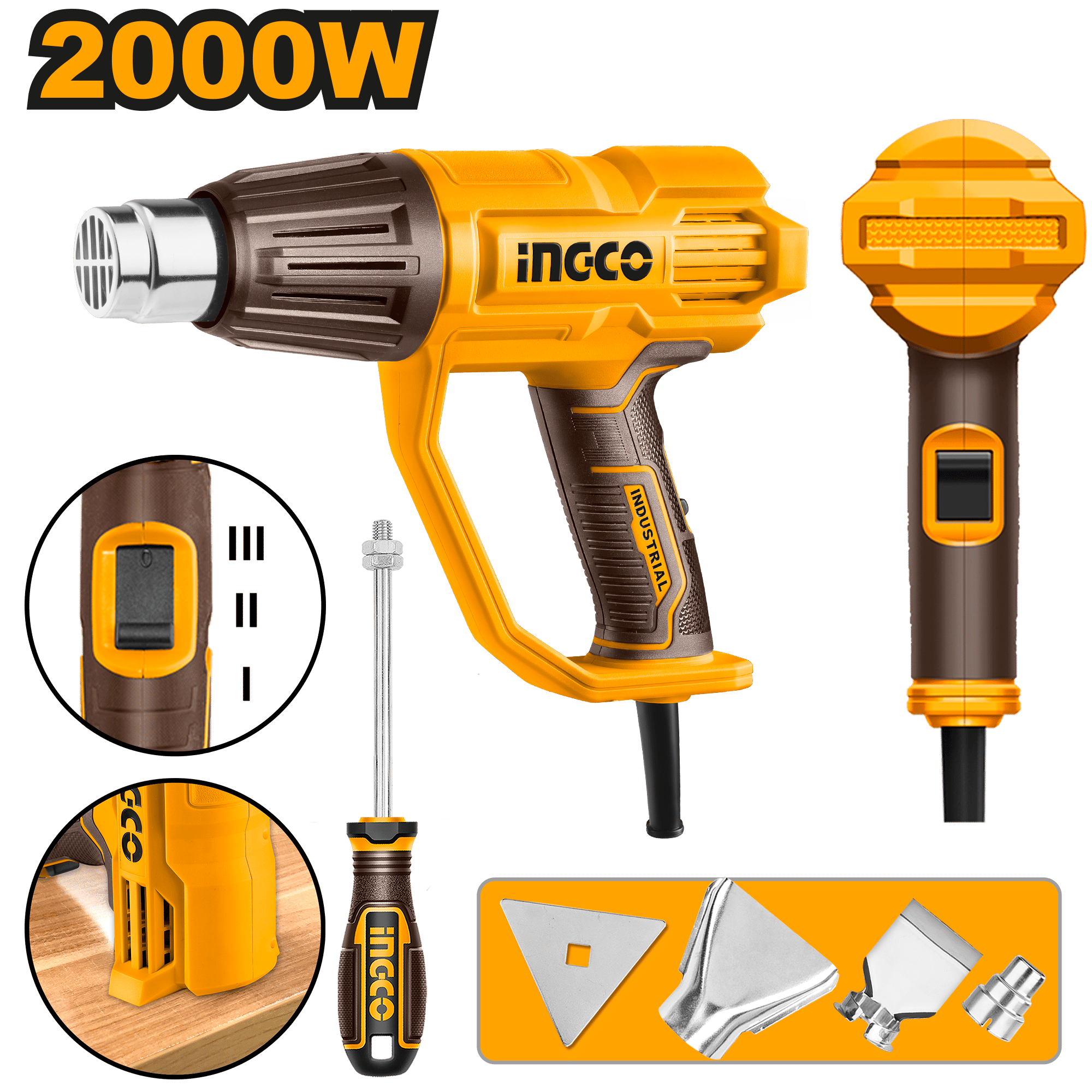 INGCO Electric Heat Gun 2000W 3 Temperature Settings Hot Air Tool