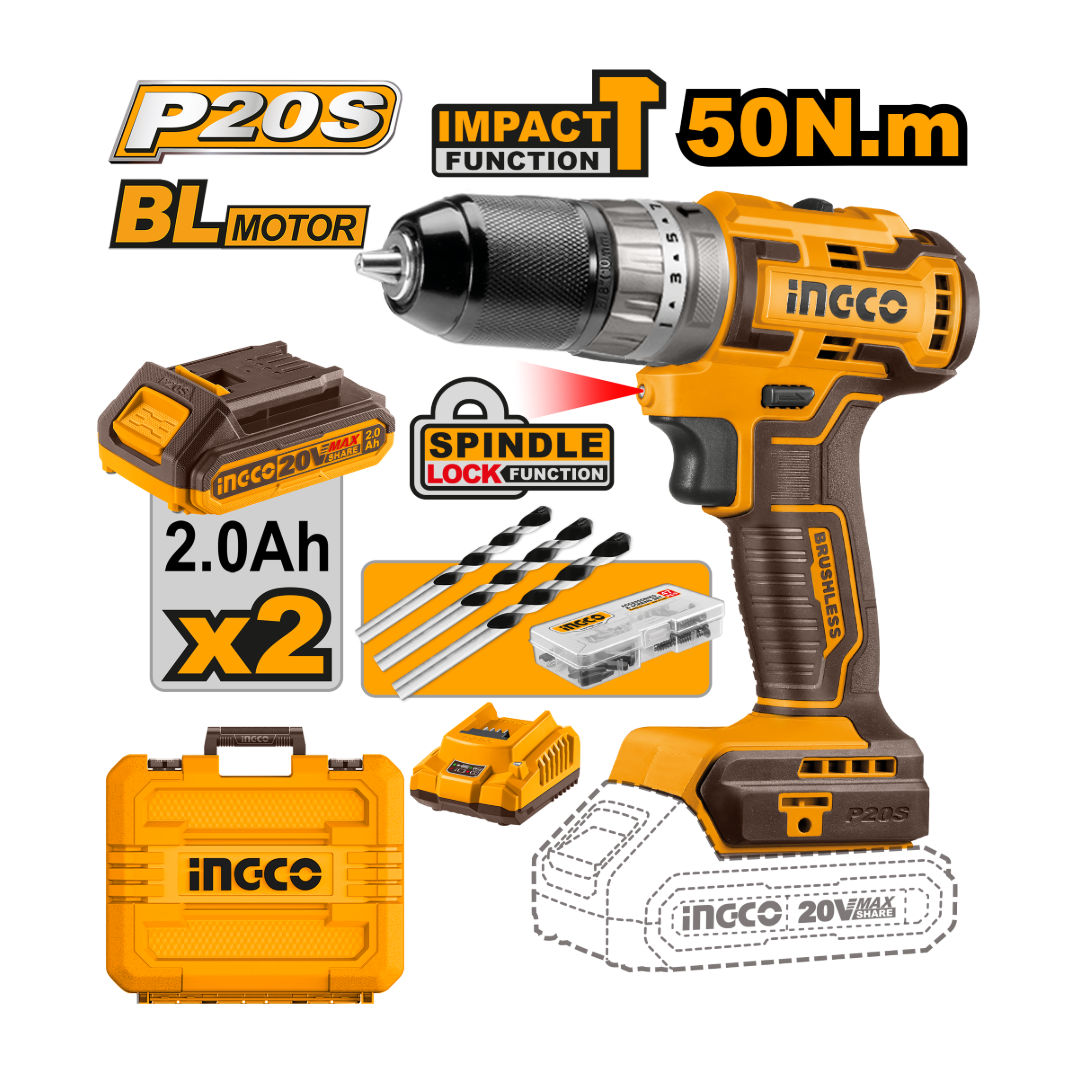 INGCO Brushless Cordless Drill Kit, 20V