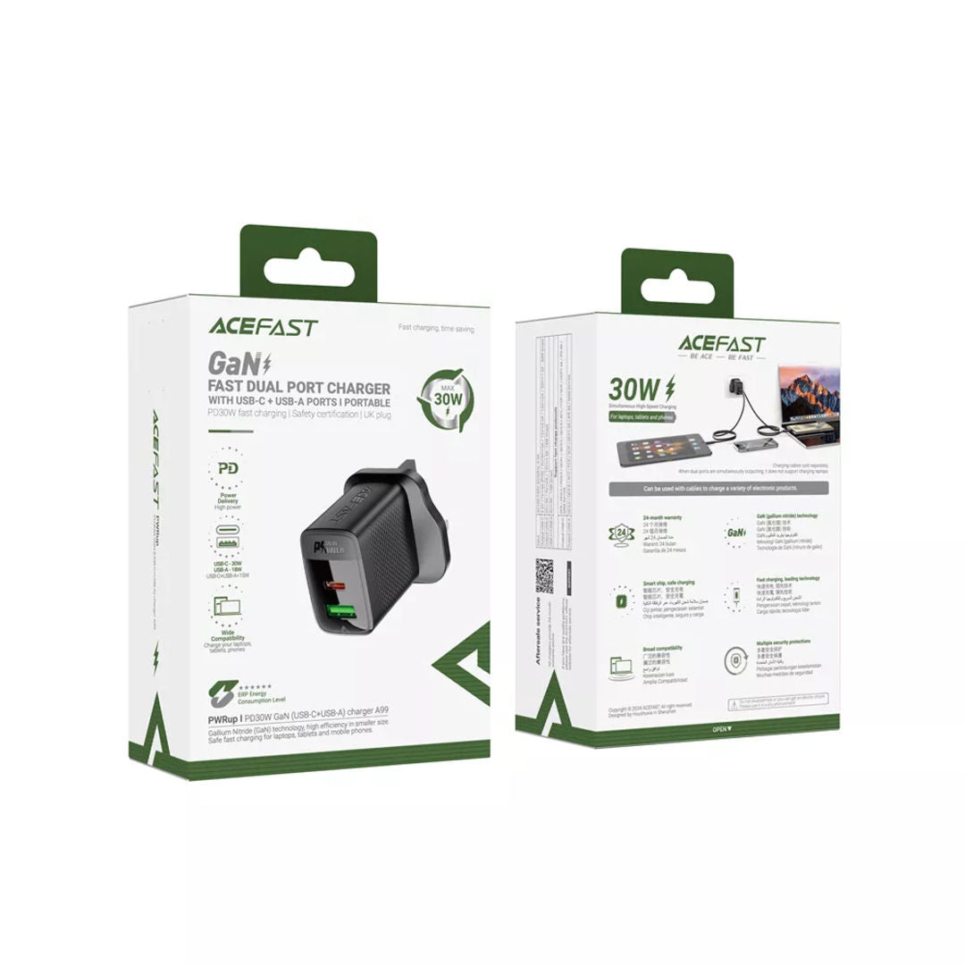 Acefast 30W GaN USB-C Power Delivery & USB Qualcomm 3-Pin UK Charging Plug, Black