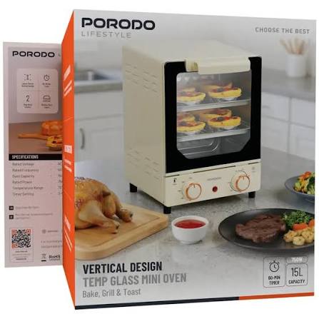 Porodo Vertical Design Temp Glass Mini Oven Bake,Grill & Toast-White