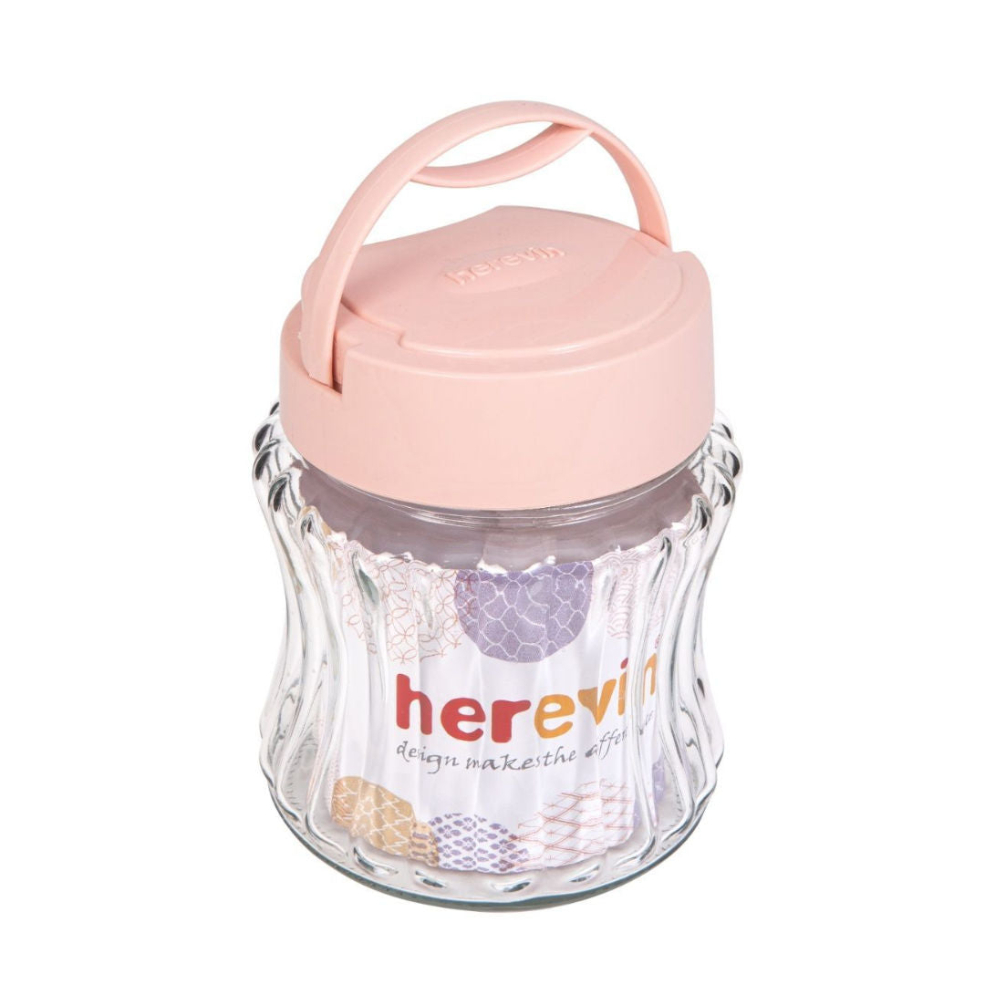 Herevin Embossed Glass Canister With Handle Lid, 950ml