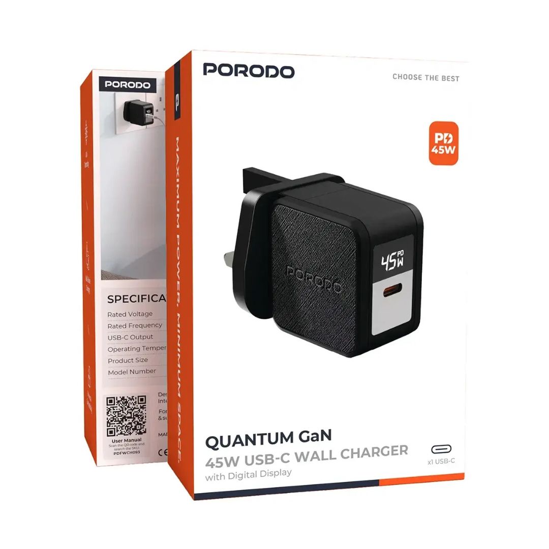 Porodo Quantum GaN 45W USB-C Wall Charger with Digital Display, Black