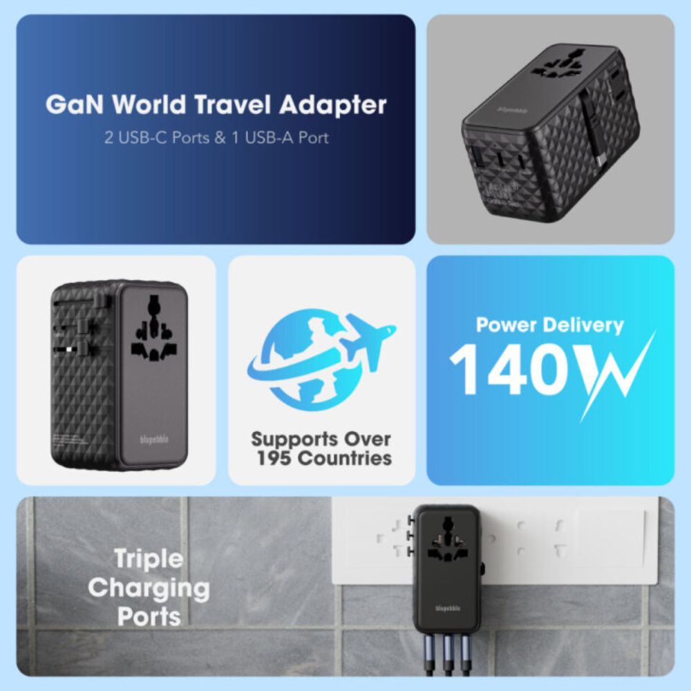 Blupebble Passport 7 World Travel Adapter with GaN Technology 140W + 2 USB-C + 1 USB-A with Retractable Cable, Black