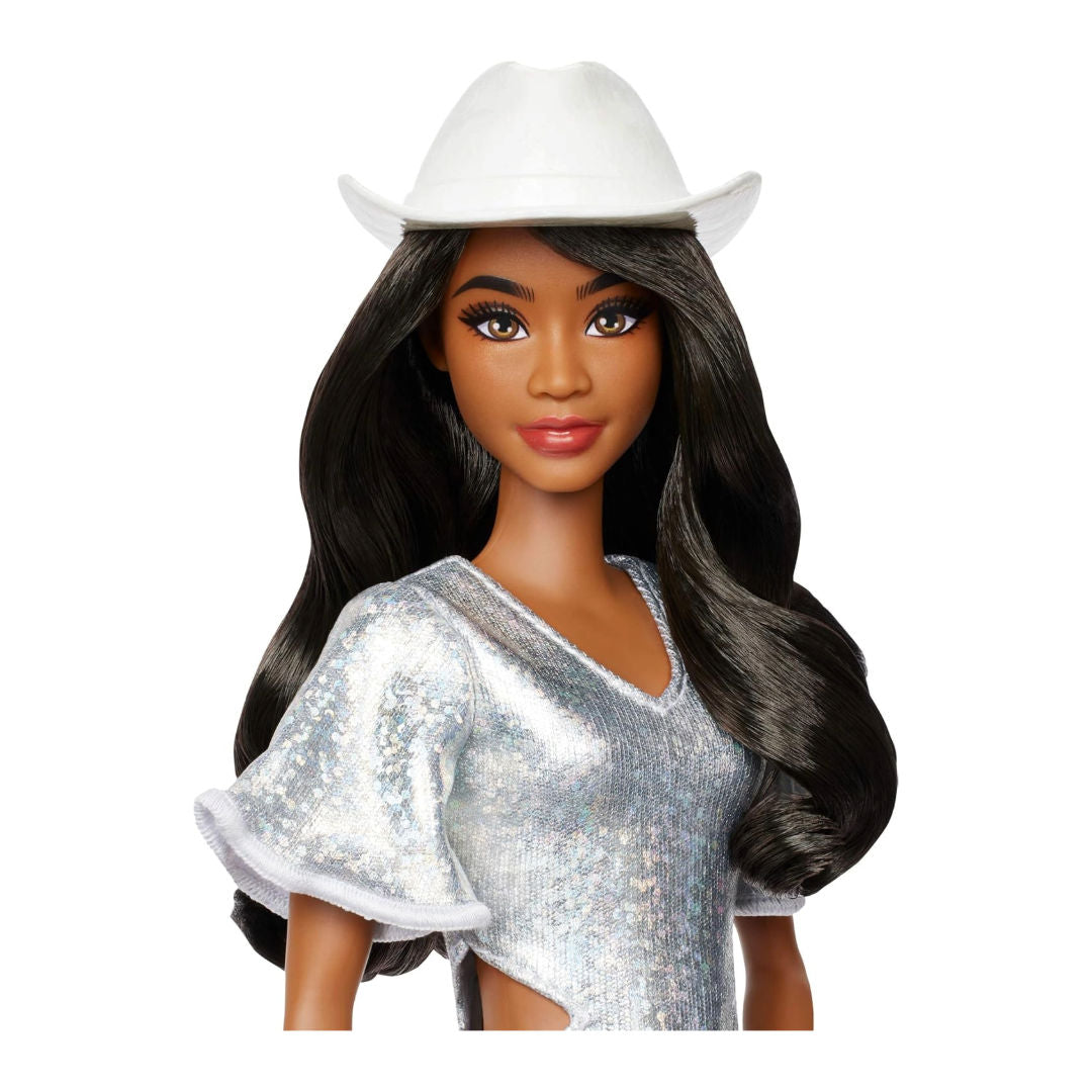 Barbie Fashionistas Doll #239, Silver Sparkly Fringe Dress with Western Accessories Model HYT95