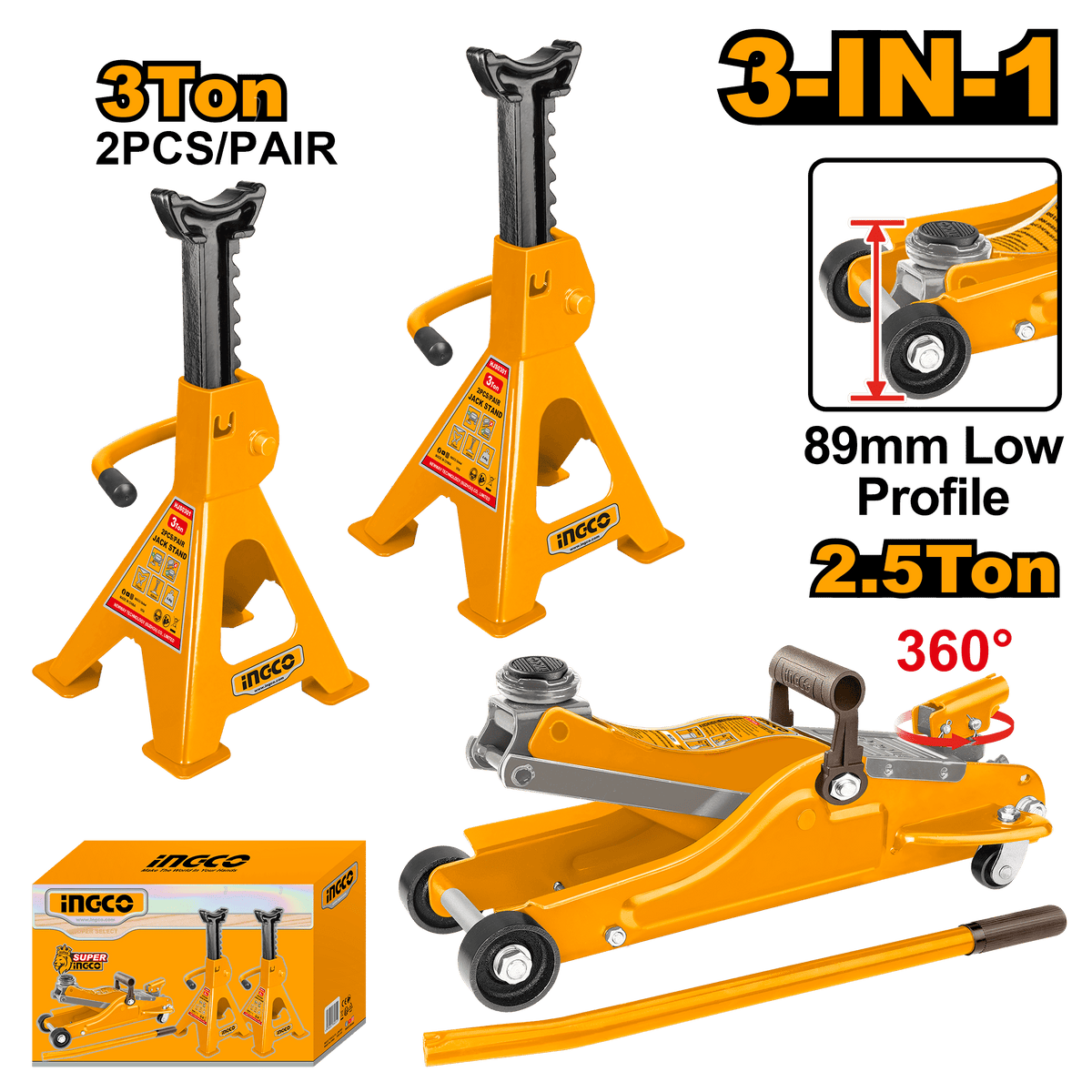 INGCO 2.5 Ton Floor Jack with Jack Stands Combo Set
