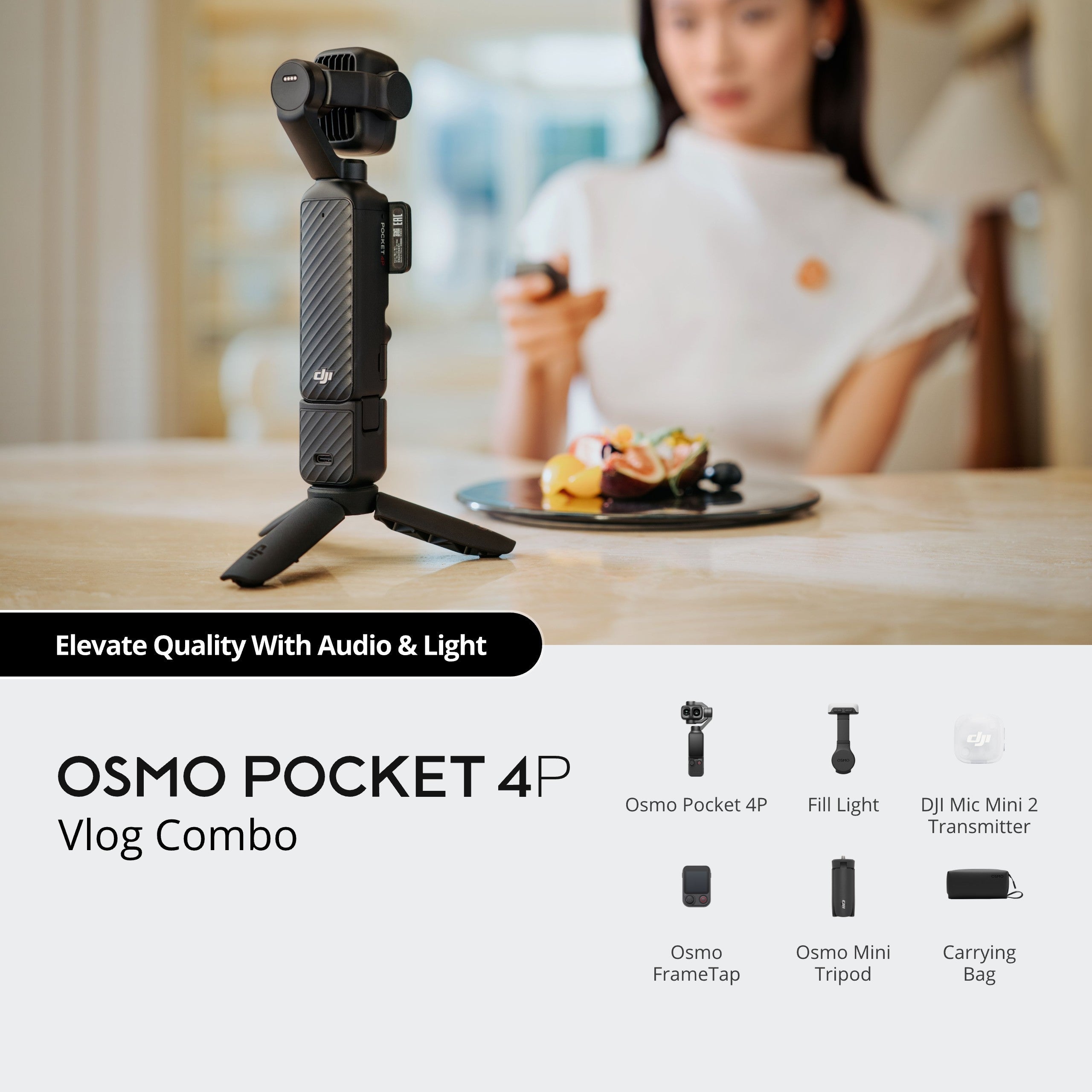 DJI Osmo Pocket 4P Vlog Combo Handheld Gimbal Camera, 1" CMOS, 4K/240fps, Dual Lens, 103GB Storage, Black