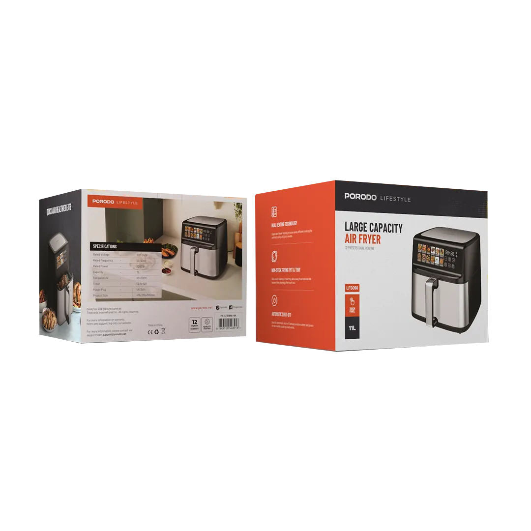 Porodo Lifestyle Large Capacity Air Fryer, 11L Capacity, Black