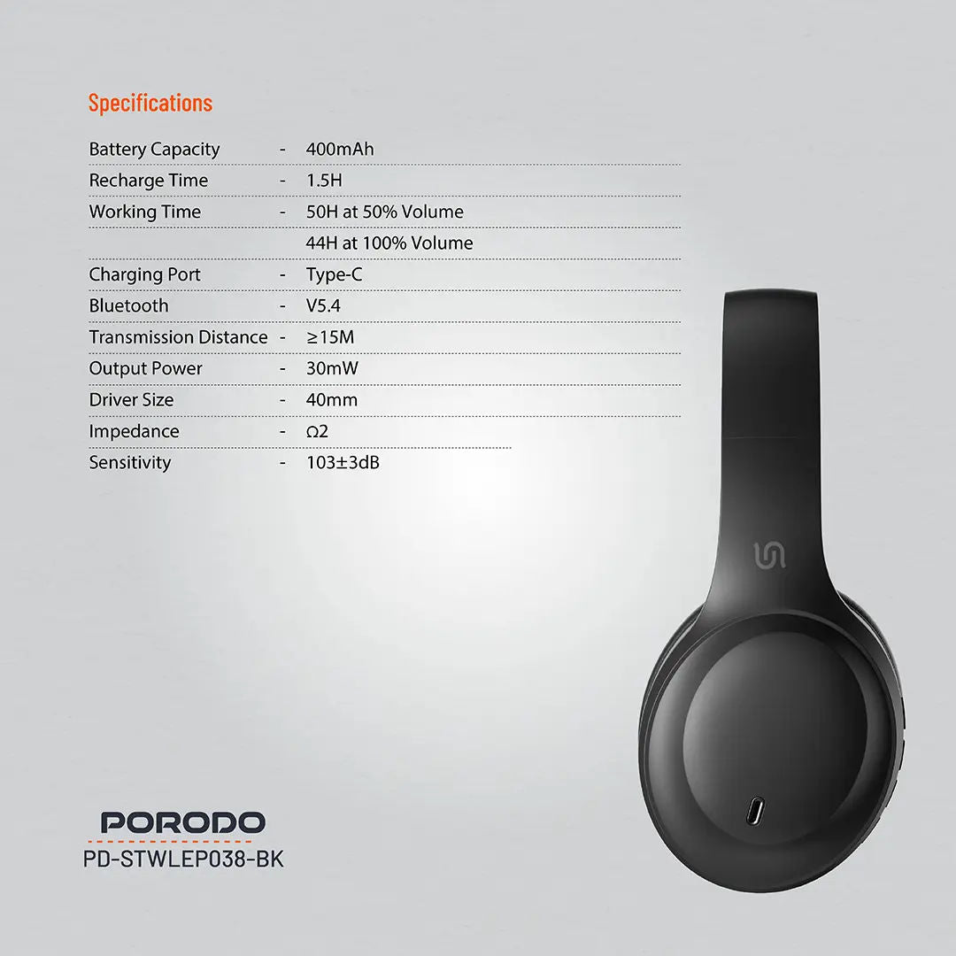 Porodo Soundtec Primo Wireless ENC Headphone , Black