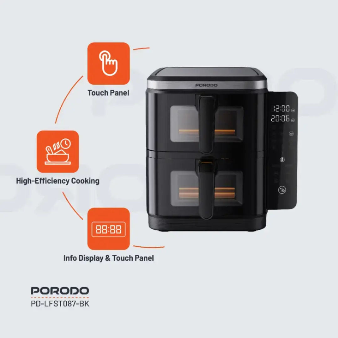 Porodo Lifestyle Double Stack Air Fryer with 12 Presets, Black