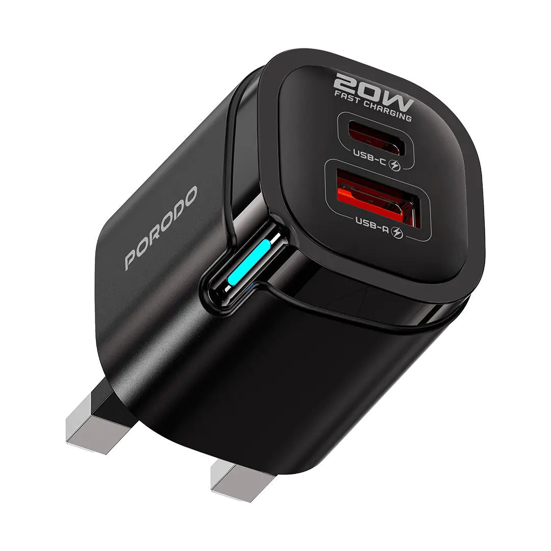 Porodo Tekto Dual Port PD 20W Adapter With Usb-C To Lightning Cable, Black