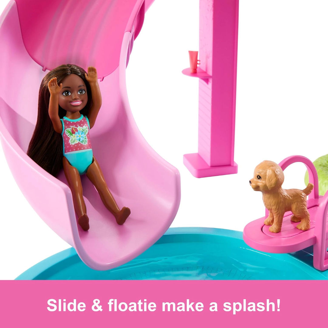 Barbie Dream Pool Playset, 6 Play Areas with Slide, Foaming Hot Tub & 20+ Accessories, Model JFP01