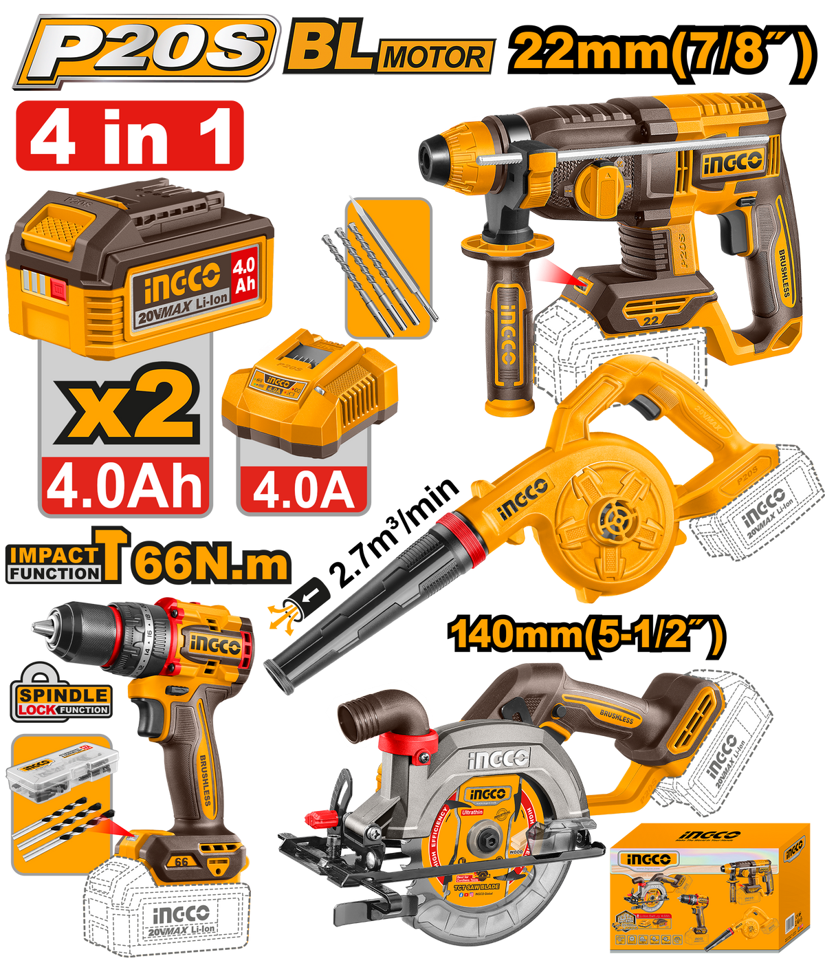 INGCO Cordless Power Tool Combo Set Drill Saw Blower Kit
