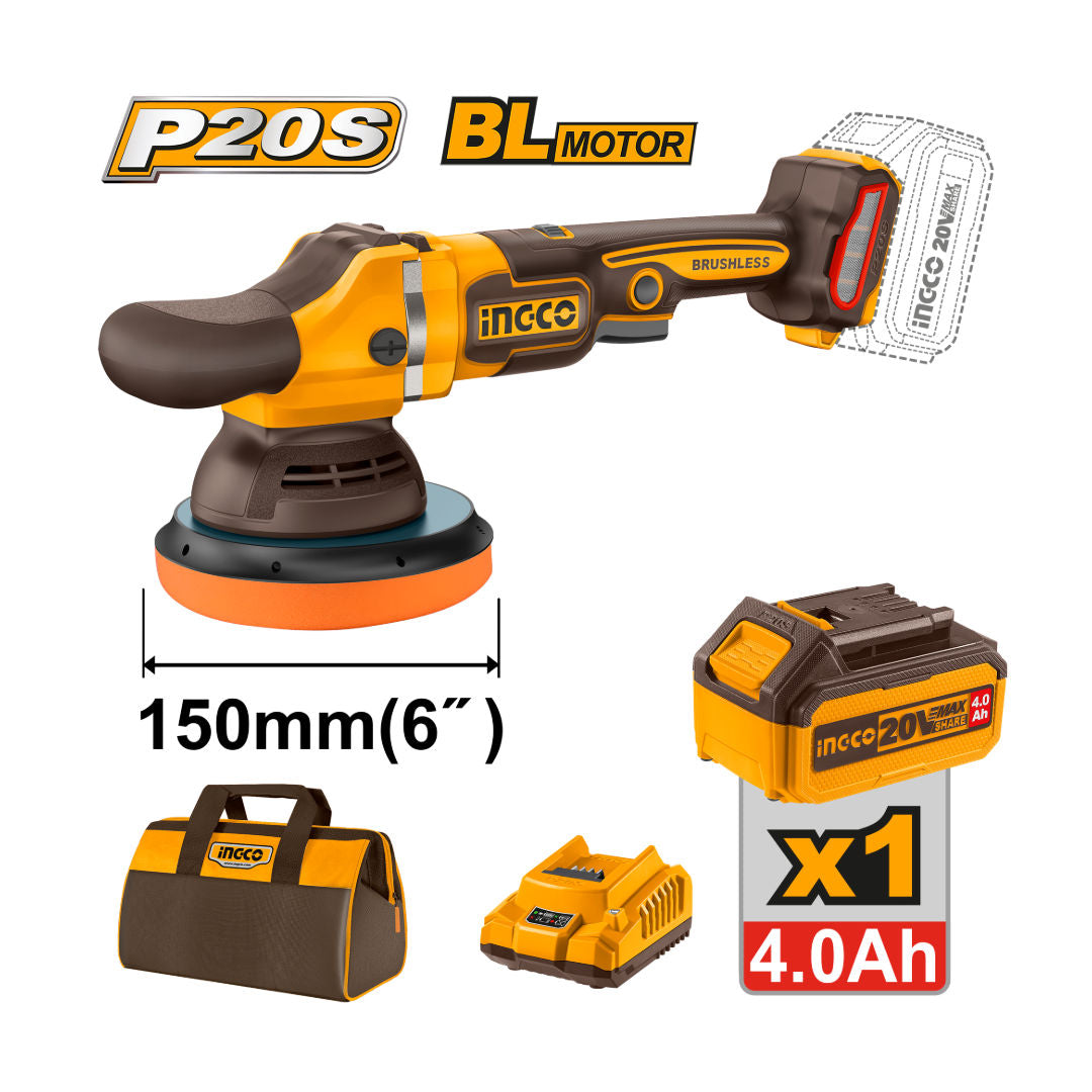 INGCO Cordless Polisher, 2000:4500rpm, Ø150mm Pad, Brushless Motor